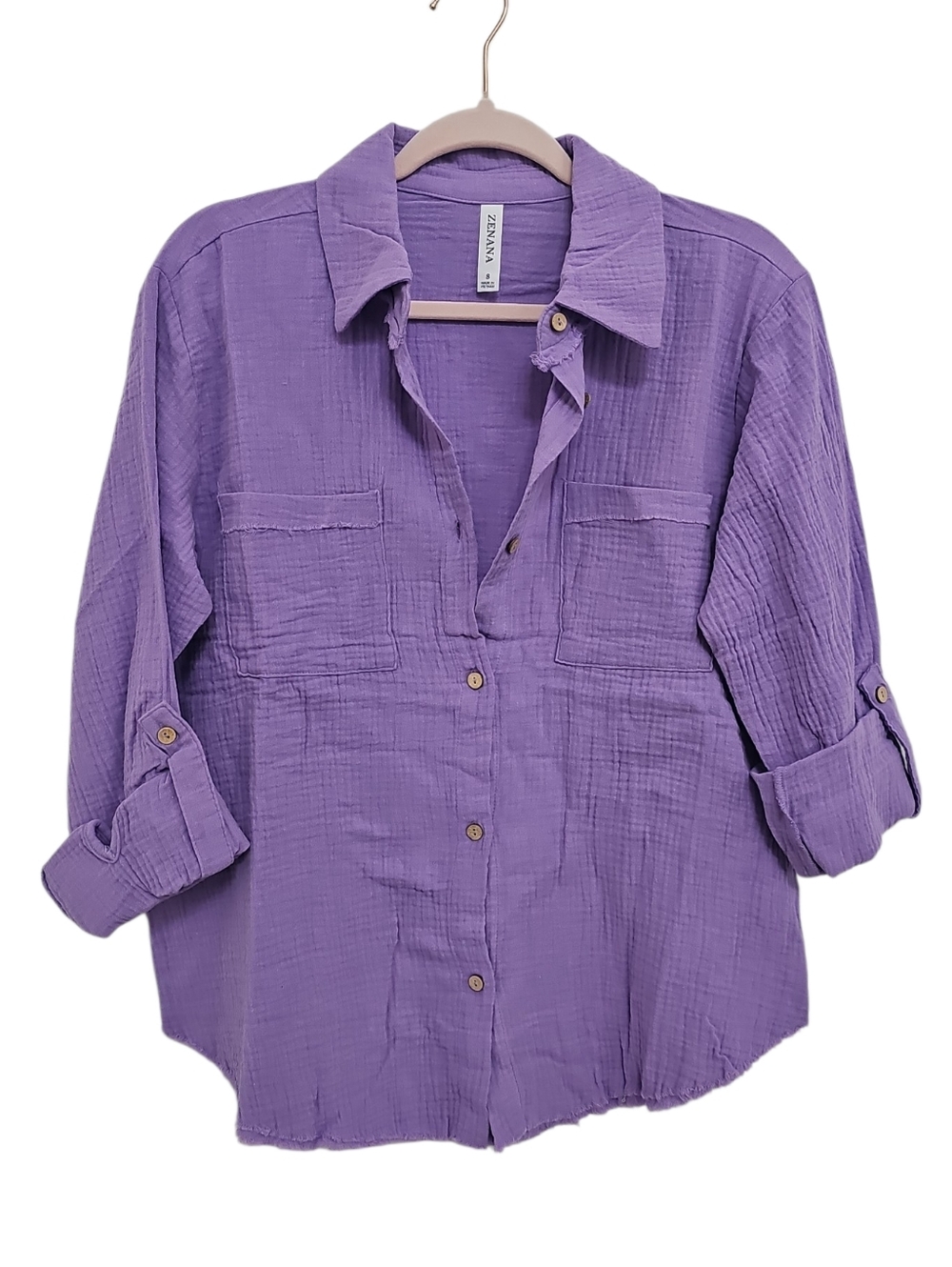 New Zenana Cotton Button Down Top Women Size S M L Purple Neutral Western
